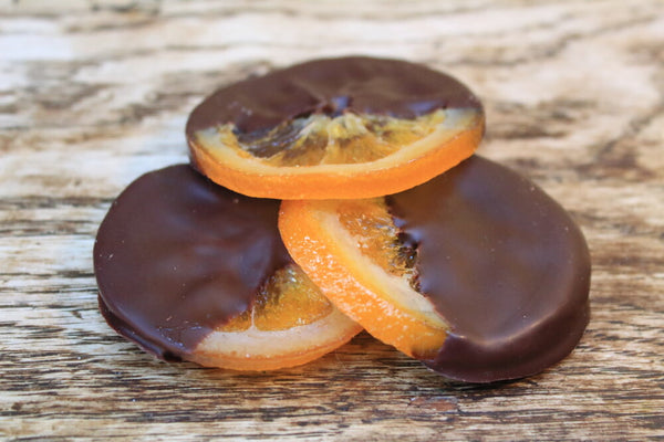 Candied orange dipped in dark chocolate